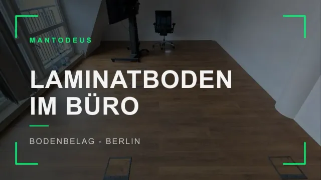 Neu verlegter Laminatboden in einem Berliner Büroraum mit gerundeter Fensterfront